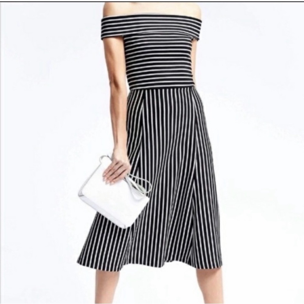 Banana Republic Black and White Off-Shoulder Striped Midi Dress